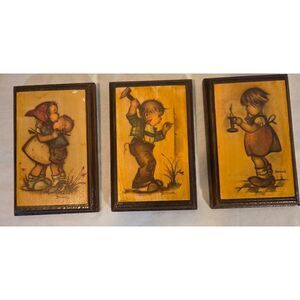 Vintage Nursery Wood Plaque Art Set Signed Bonnie